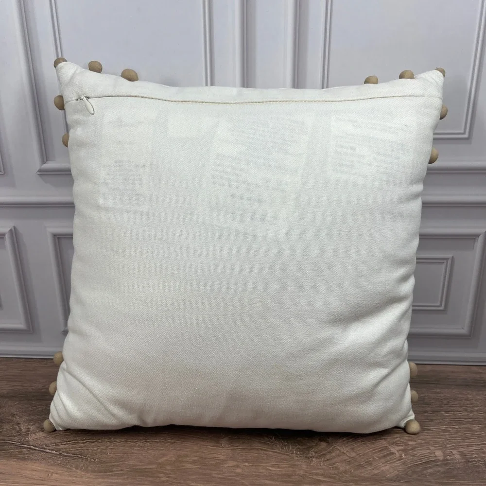 Pottery Barn Throw Pillow 12 x 12 White Tan Crewel Embroidered Pom-Pom Trim